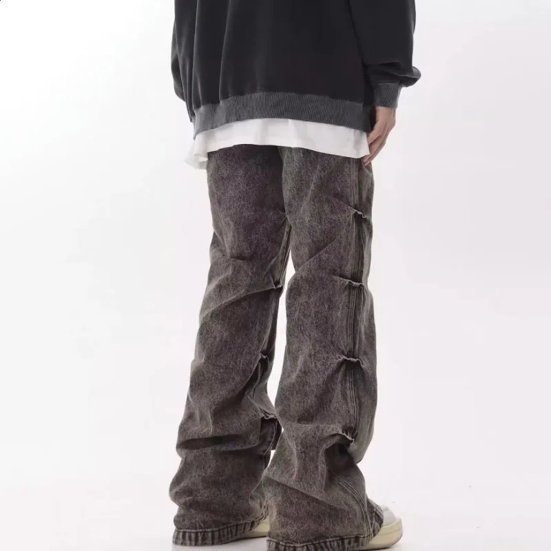 Vintage Pleated n Jeans Men Women Grey Distressed Wide Leg Pants American Style High Street Straight Baggy Korean Trousers 241105