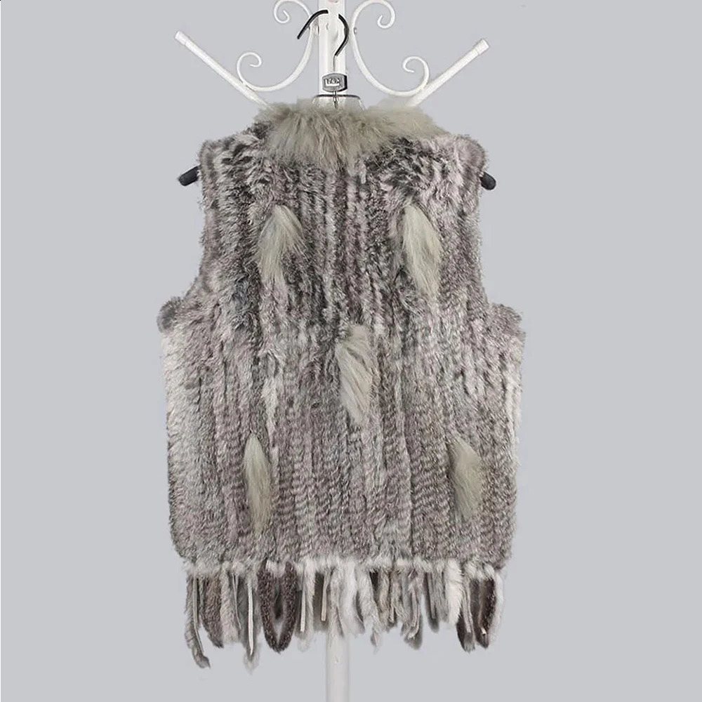 Women 100%Natural Real Rabbit Fur Vest Tassels Knitted Genuine Fur Waistcoat Lady Fashion Raccoon Fur Collar Outerwear 241105