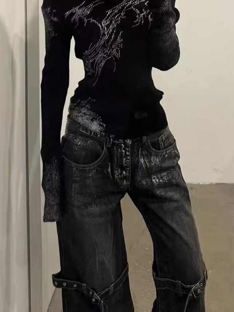 HOUZHOU Black Women's Jeans High Waist Hip Hop Straight Fashion Pants Streetwear Haruku Y2k Star Female Wide Leg Denim Trouser
