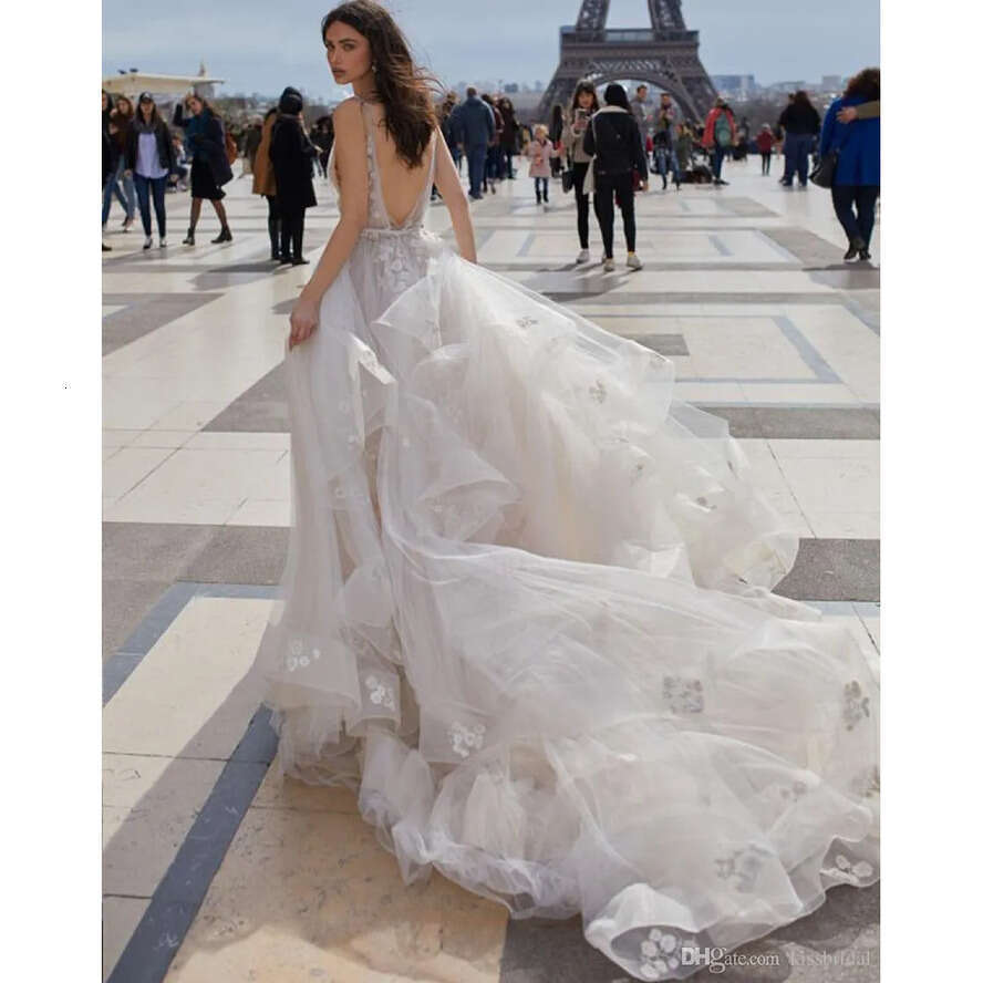 Tulle Newest D A E Wedding Dresses Deep V Necke Open Back Handmade Wers Sweep Train Bridal Gowns Vestido De Novia Estido