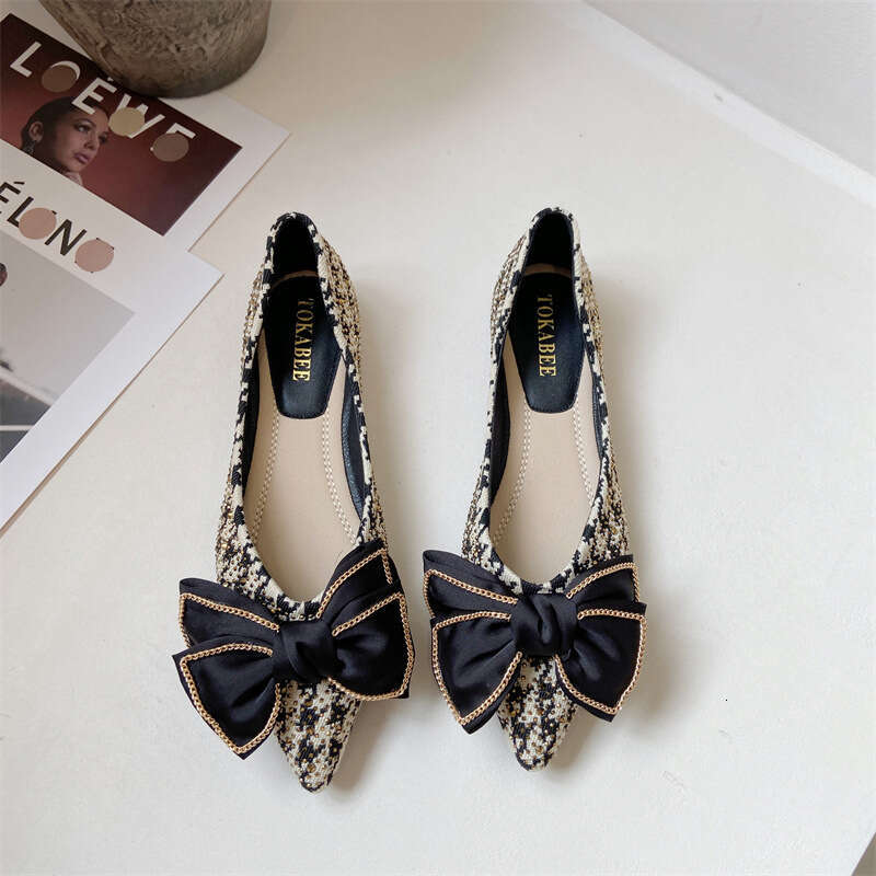 2023 Spring/Summer New Ladies And Fairies Evening Wind Pointed Flat Bottom Shallow Mouth Bow Knot Water Diamond Inner Elevated Single Shoes