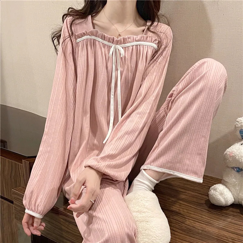 Womens Spring and Autumn Pajamas Set Womens Long-Sleeved Long Trousers Pajamas Homewear Sweet Leisure Homewear Loose Set 241105
