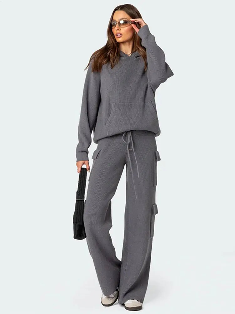 Casual Pants Sets Women Solid Hoodies Knit Long Sleeve Sweatshirts High Waist Pockets Pant Female Suit 2024 Autumn Lady Outfits 241105