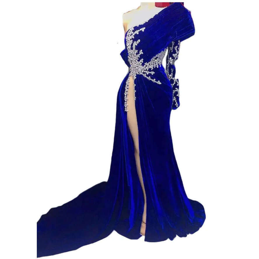 Blue Aso Royal Arabic Ebi Prom Dress Beaded Crystals Sheath Evening Formal Party Second Reception Birthday Engagement Gowns Dresses Robe De Soiree Zj 