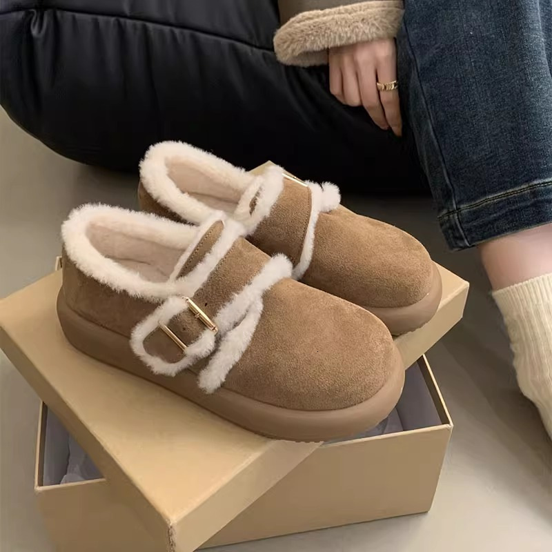 Matte Leather Thick Soled Brown Velvet Boken Shoes, Autumn And Winter Snow Shoes, Snow Boots, Cotton Shoes For Women, Wearing Fur Shoes On The Outside