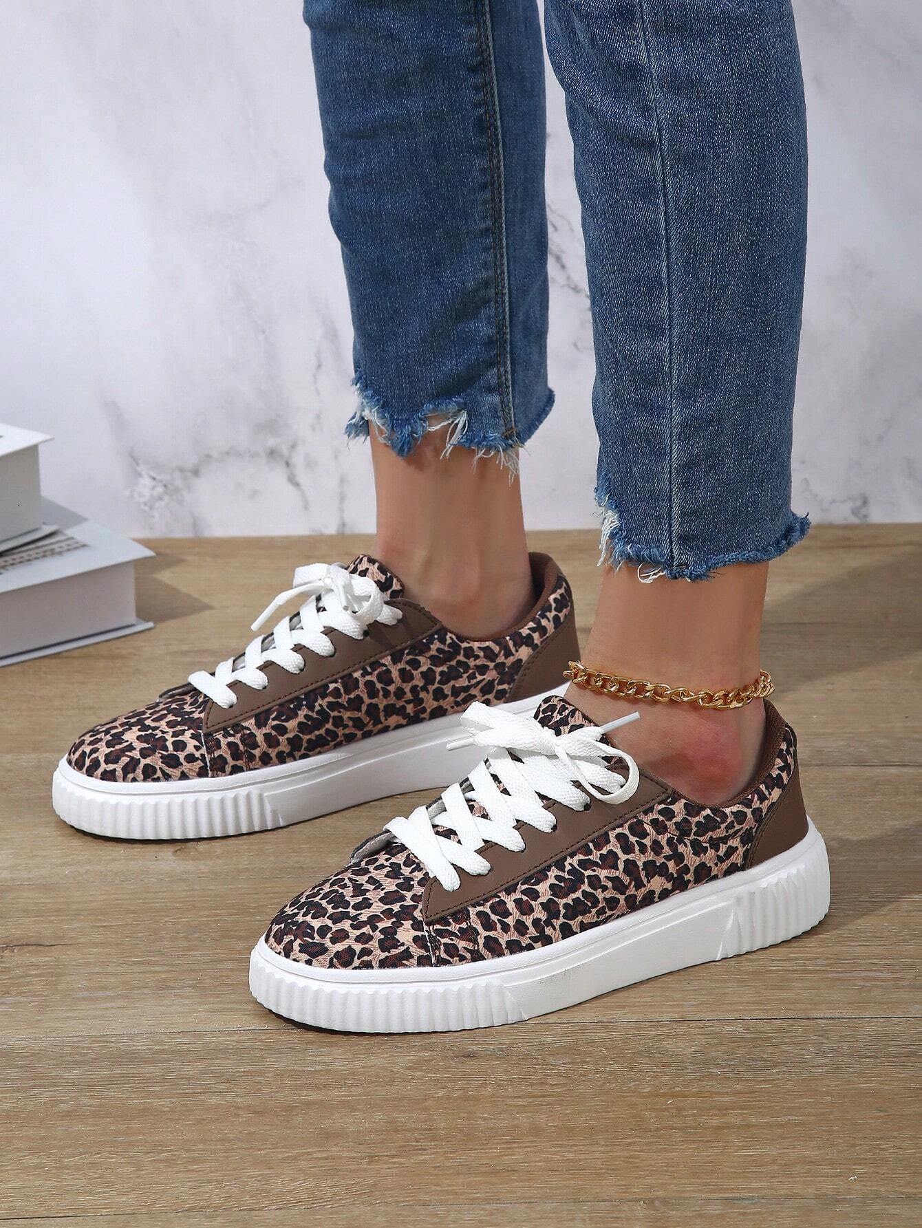 Fashionable Leopard Print Women S Sneakers European And American Style Sports Lace Up Casual Athletic Slip Resistant Comfortable Skate Shoes Outdoor W
