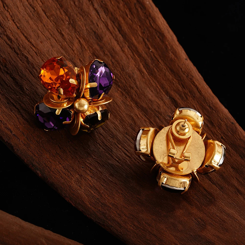 Colorful Crystal Glass Flower Earrings For Women Trendy Charm Prom Party Pendant Vintage Statement Y2k Jewelry 241105