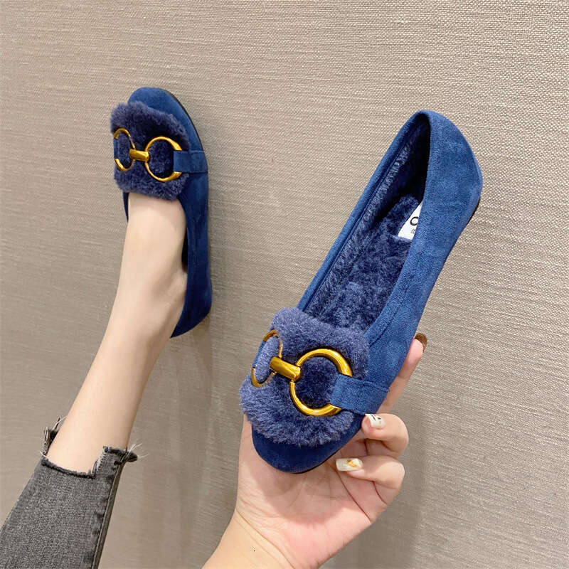 2023 Autumn/Winter New Single Women's Head Metal Buckle Hairy With Velvet Flat Bottom Outer Shallow Mouth Bean Shoes
