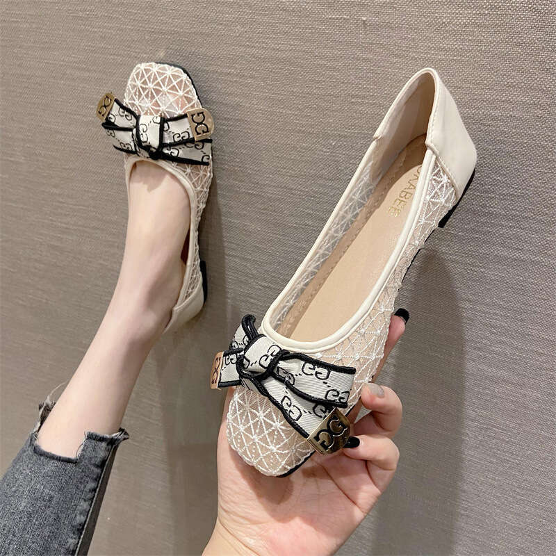2023 Summer Mesh Sandals Square Head Bow Hollow Breathable Flat Shallow Mouth Fairy Women's Shoes
