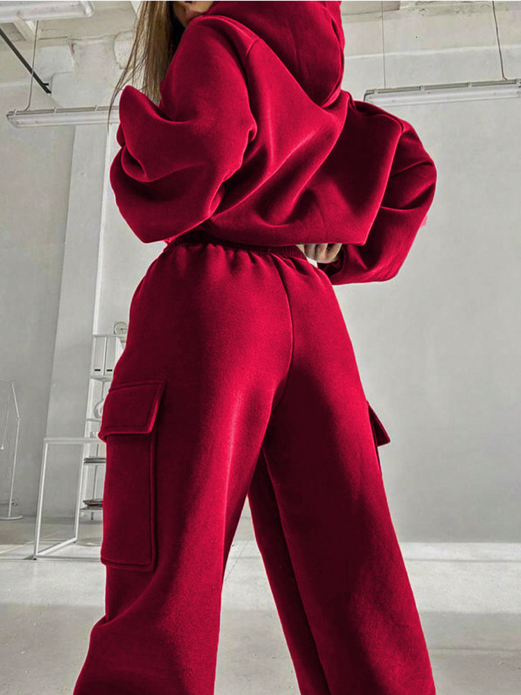 Autumn 2024 New Women's Casual Sports Hoodie Solid Color Long Sleeved Pocket Hoodies Lace Up Work Pants Lady's Two Piece Set