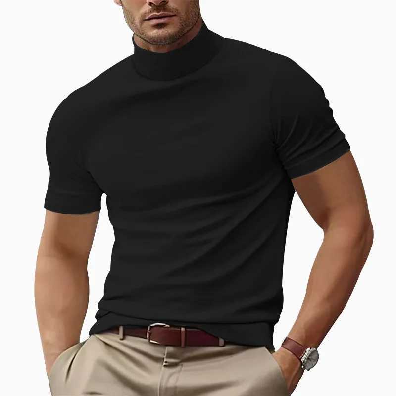Summer New Casual T-shirt Fashion Half High Collar Slim Fit Solid Color Bottom Collar Solid Color T-shirt Simple Style Wearing W241104