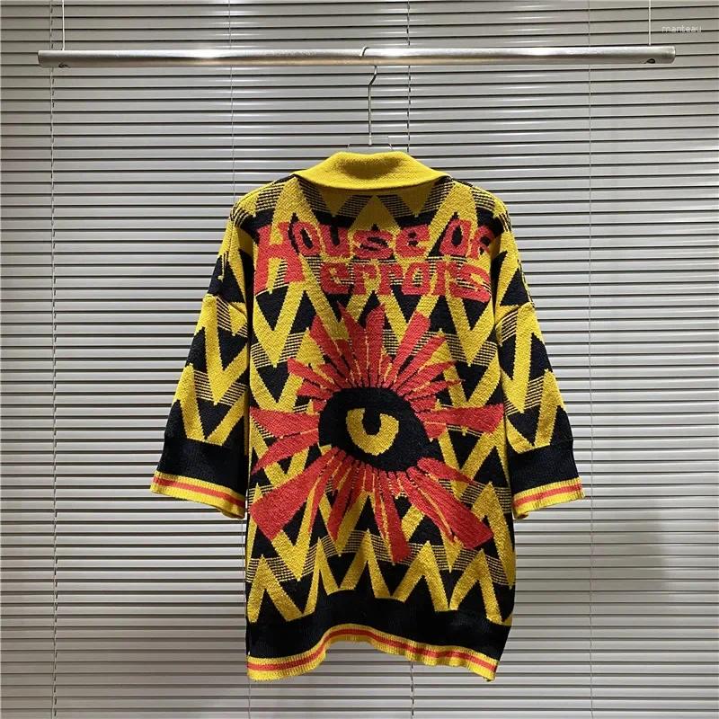 Men's Sweaters House Of Errors Diamond Grid Wavy Pattern Men Women 1:1 Good Quality KniPolo Collar Short Sleeve Tops Loose Casual