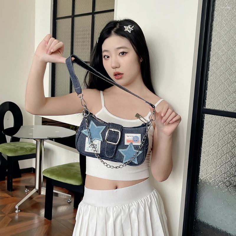 2025 NEW Drawstring Women Fashion Shoulder Bag Stars Pattern Denim Chain Underarm Adjustable Strap Vintage Handbag Girls Outdoor Daily zhanyishengli
