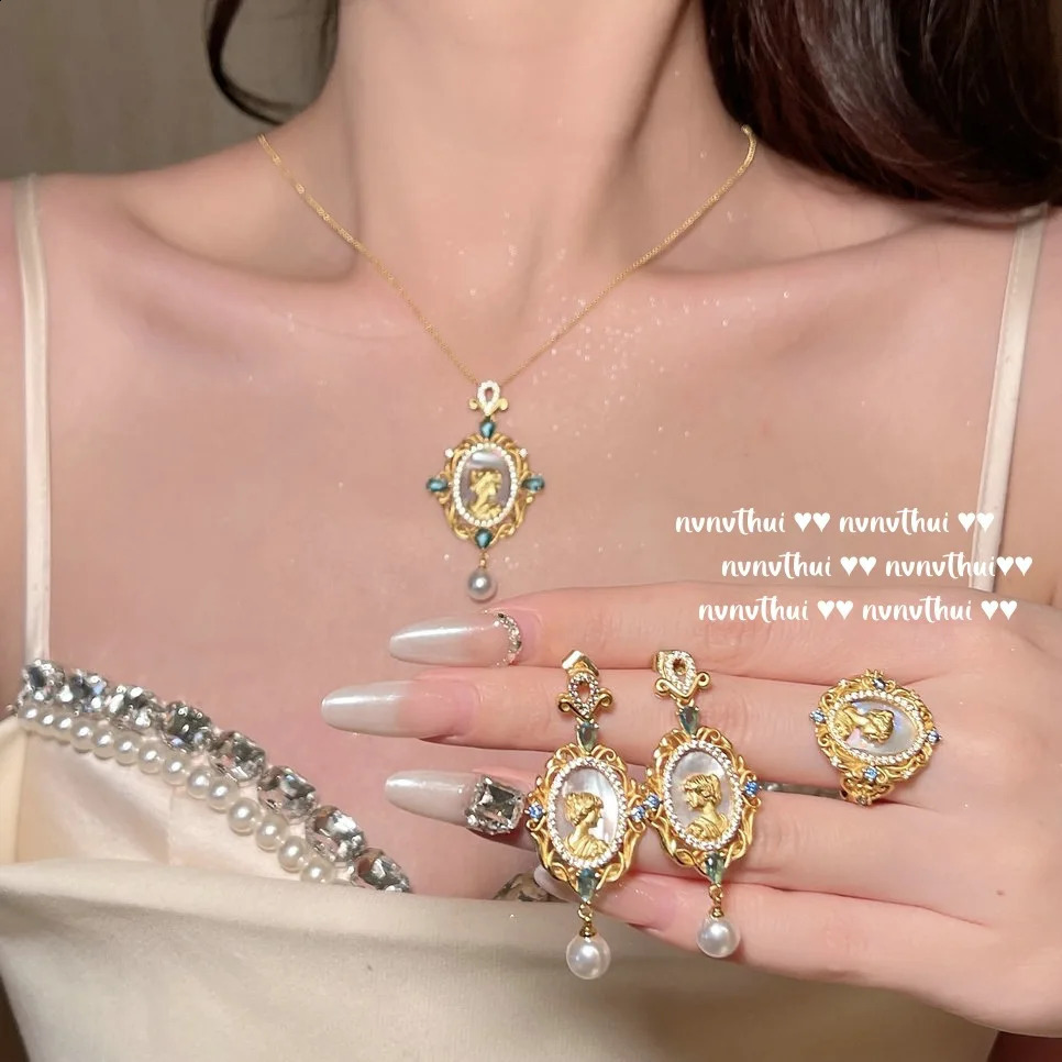 Original 18K Gold Plated Exquisite Carving Goddess Face Jewelry Sets with Zircon Court Style Retro Women Ring Earring Necklace 241105