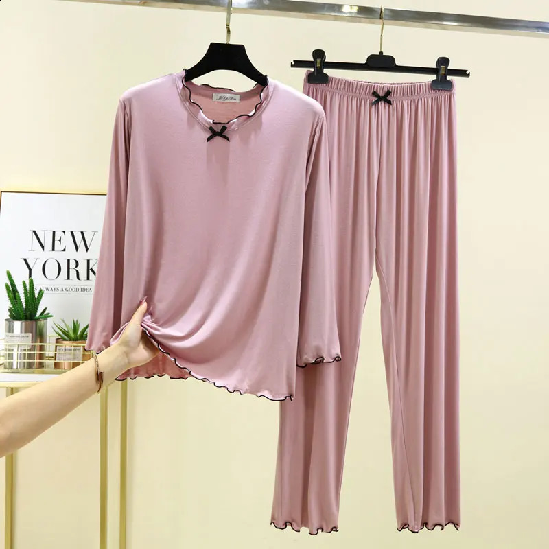 Modal Pajamas suit Spring Autumn Loose Large Size Casual Home Service Long-sleeved Nine-point pants 2-piece Womens Pajamas 241105