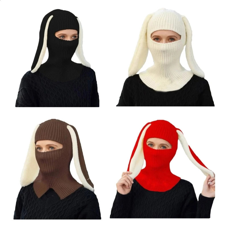 Halloween Knitted Balaclava Long Bunny Ears Hat For Women Winter Warm Rabbit Hats Crochet Ski Mask Drop 241105