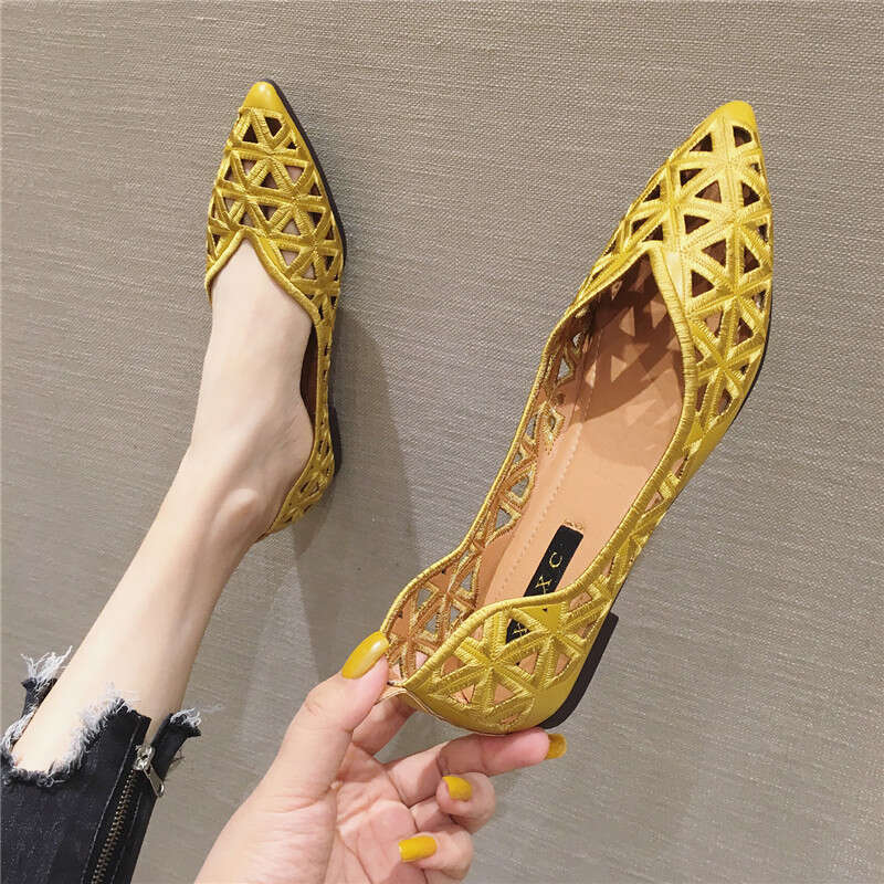 Korean Version Fashionable Versatile Pointed Shallow Mouth Soft Sole Ladies Fairy Hollow Breathable Flat Single Shoes Women