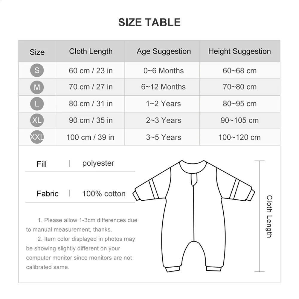 Baby sleeping bag with detachable sleeves warm winter childrens sleepwear baby sleepwear with 3 zippers 100% cotton baby sleeping bag 2.5Tog 241105bj