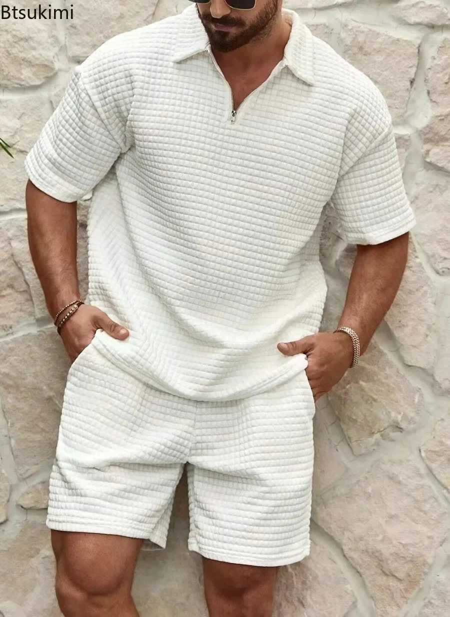 Mens Summer Wfle Casual Set Solid Smooth Loose Sports Set Half Zipper Short Sleeve Shirt Mens Track and Field Wear W241104