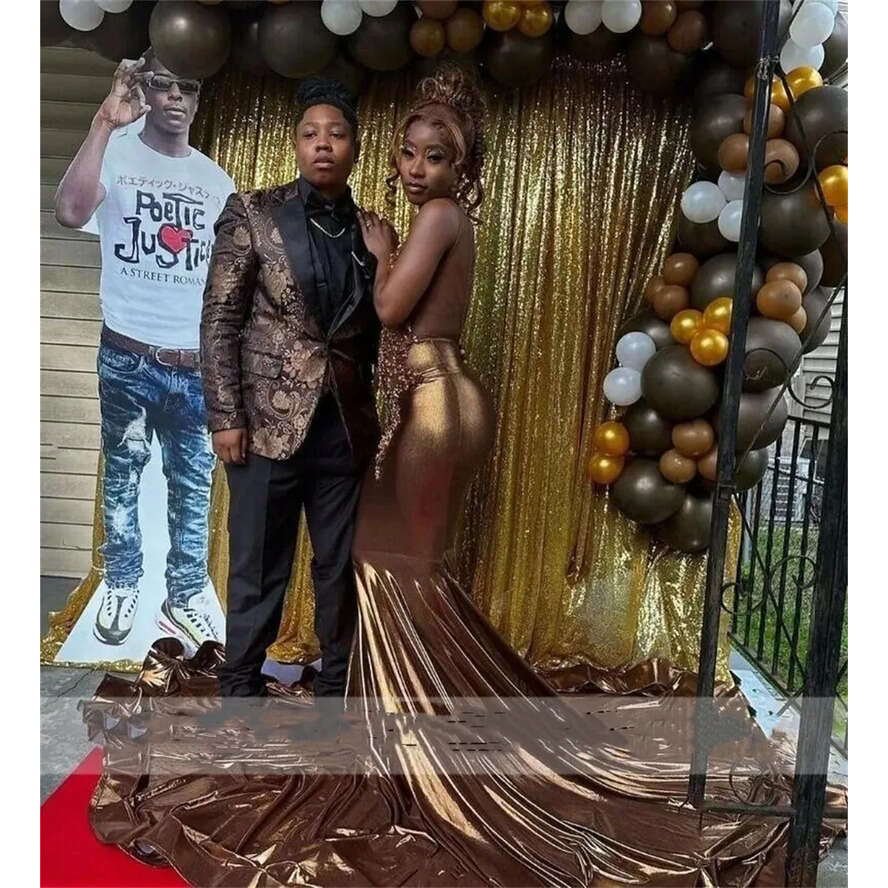 Elegant Brown Satin Mermaid Prom Dresses For Black Girl With Glitter Dia Crystal Evening Birthday Reception Gowns Robe De Bal
