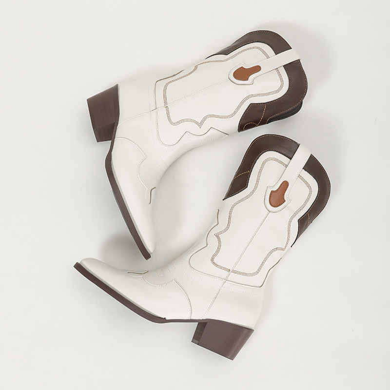 Autumn New Pointed Embroidery Thread Color Blocked Thick Heel Short Boots.