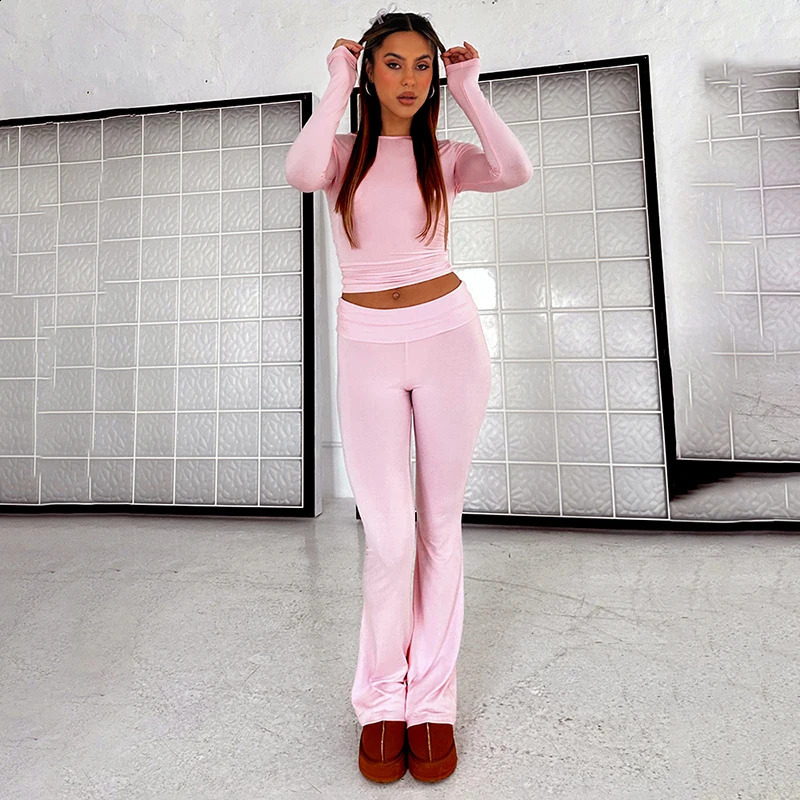 CUTENOVA WomenS Spring Casual 2 Piece Outfits Long Sleeve Crew Neck Crop Tops And Low Waist Flare Pants Lounge Sets Track 241105
