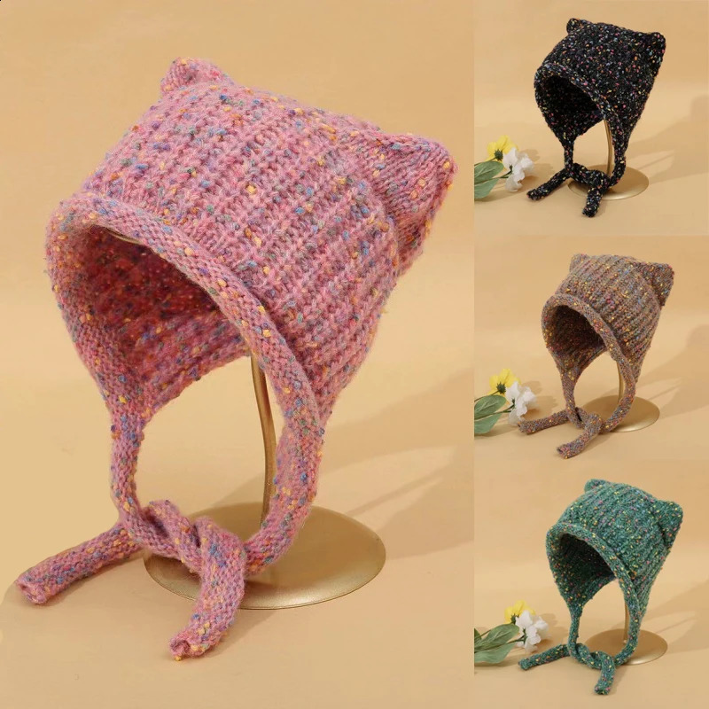Cute Knitted Cat Ear Hat Y2K Fashion Crochet Protector Wool Cap Women Winter Warm Pullover Girl Wrap Head Bonnet Beanies 241105