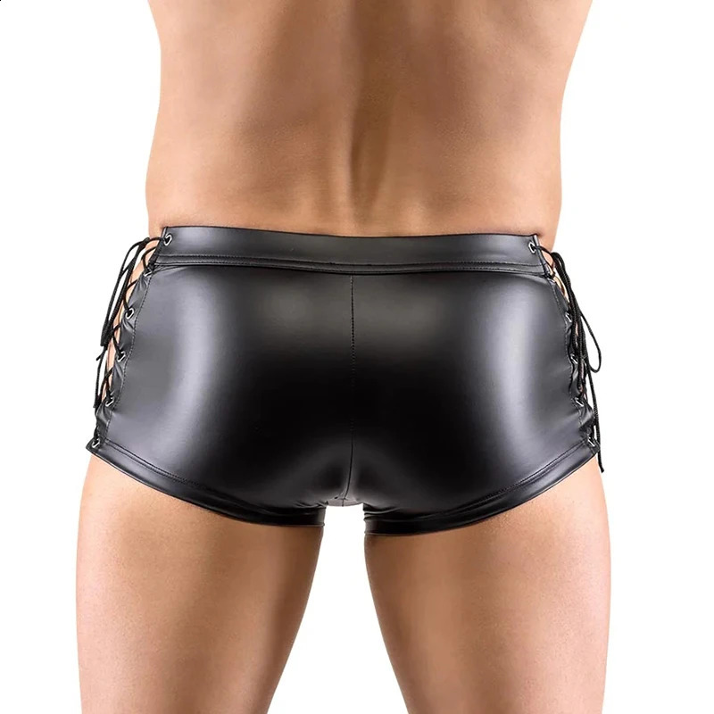 Exotic Pants Male Sexy Lingerie Gay Men Faux Leather Lace Up Black Latex PVC Bondage Open Cortch Shorts Gothic Fetish 241105