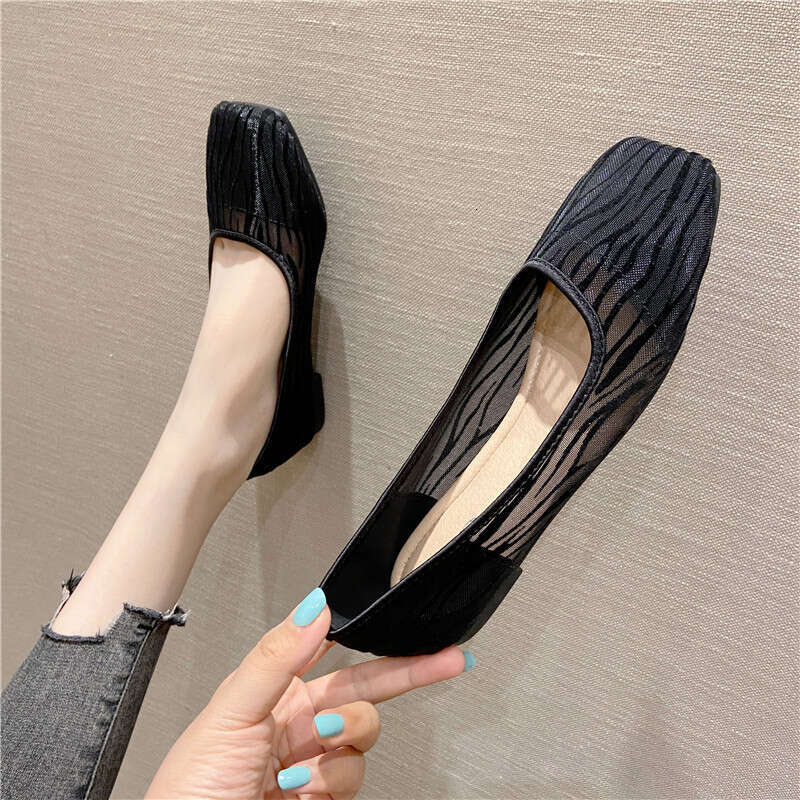 Korean Version Fairy Style Simple Mesh Breathable Shallow Mouth Square Toe Flat Shoes 2023 New Soft Sole Versatile Summer Sandals
