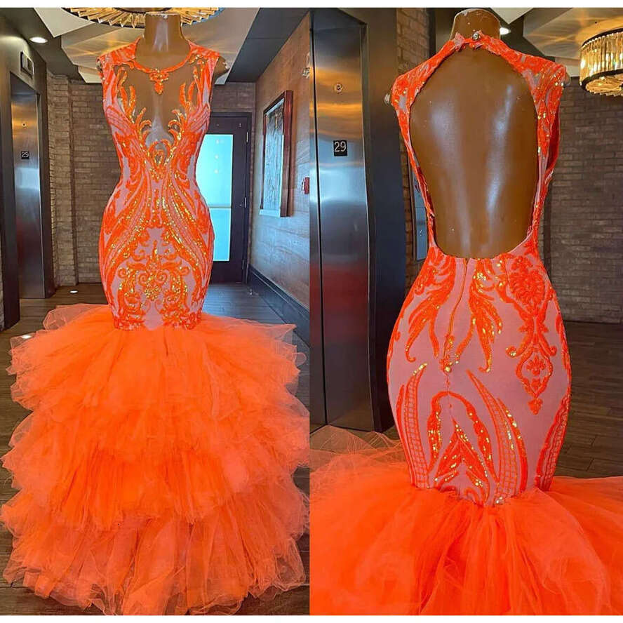 Ebi Orange Arabic Aso Mermaid Prom Dresses Sequined Lace Evening Formal Party Second Reception Birthday Engagement Bridesmaid Gowns Dress ZJ