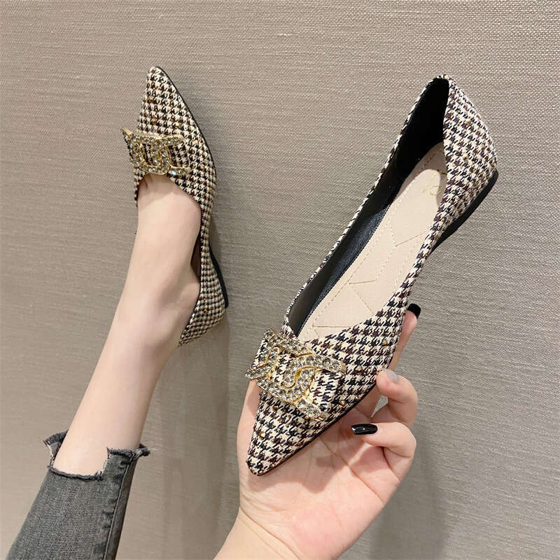 Single Shoe Spring New Pointed Shallow Mouth Rhinestone Decorated Flat Bottomed Soft Soled 2023 Thousand Bird Grid Interior Height Increasing Women�