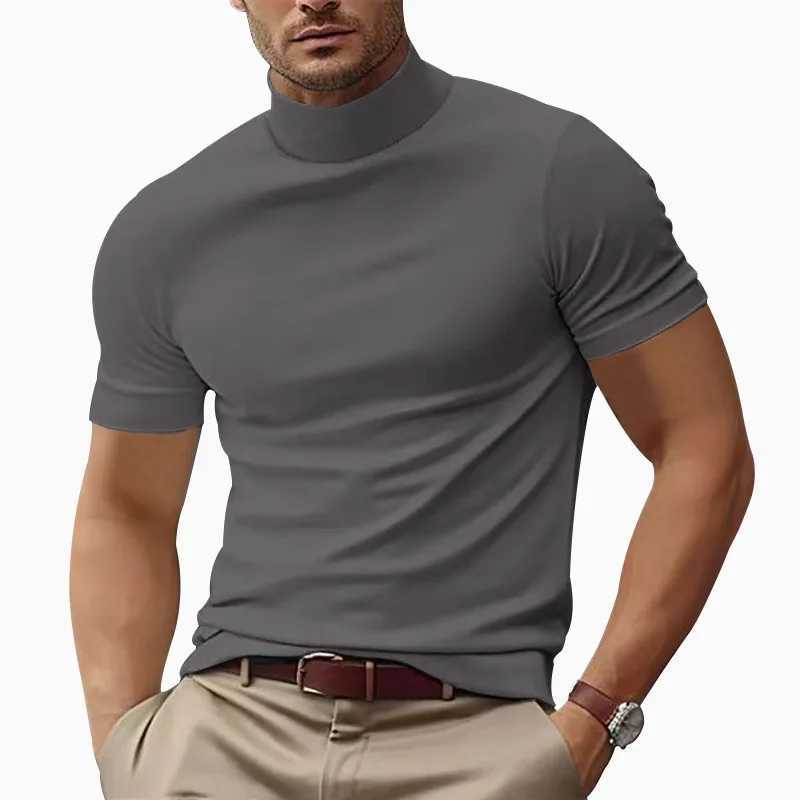 Summer New Casual T-shirt Fashion Half High Collar Slim Fit Solid Color Bottom Collar Solid Color T-shirt Simple Style Wearing W241104