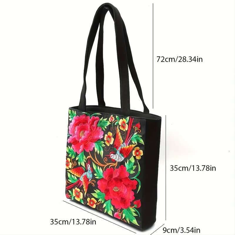 Designer Bag Ethnic Style Flower Embroidery Canvas Tote Shoulder Bag Large Capacity Handbag For Women