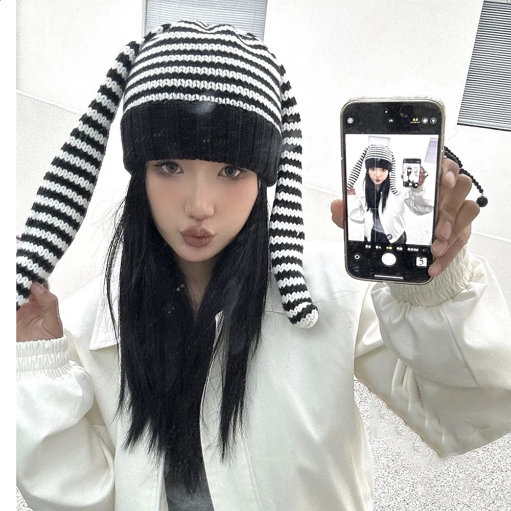 Y2K Beanie Hat Ins Rabbit Ear Devil Striped Knitted Wool Cap Autumn and Winter Crochet Bunny Ears Pointed Pullover Hats 241105
