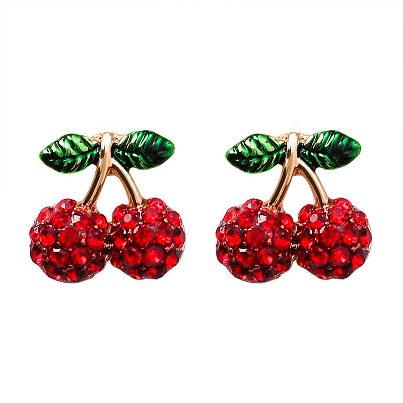 Stud earrings Red cherry strawberry S925 silver needle Stud girly fruit flower temperament crystal earrings red diamond earrings exquisite gift