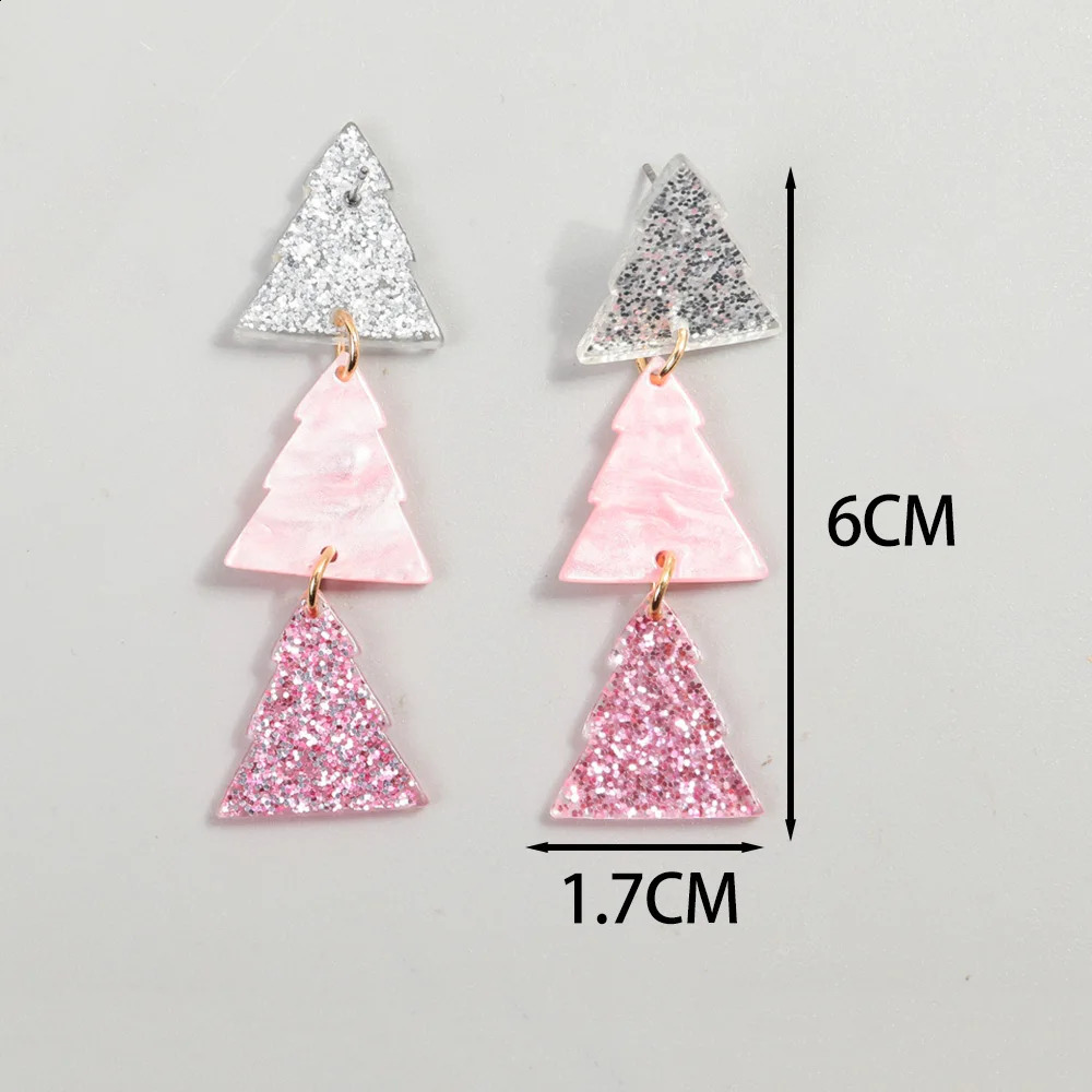 Pink Glitter Christmas Tree Acrylic Earrings for Women Girls Cute Sweet Plant Geometric Long Dangle Earring Party Jewelry 241105
