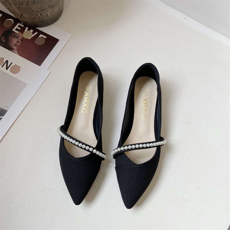 2023 Spring New Korean Edition Shallow Mouth Pointed Soft Bottom Fabric Pearl Lady Versatile Comfortable Flat Women's Shoes