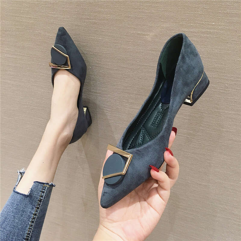 2023 Spring And Autumn New Versatile Pointed Metal Buckle Velvet Coarse Follow Up For Work Low Heel Women's Shoes Black