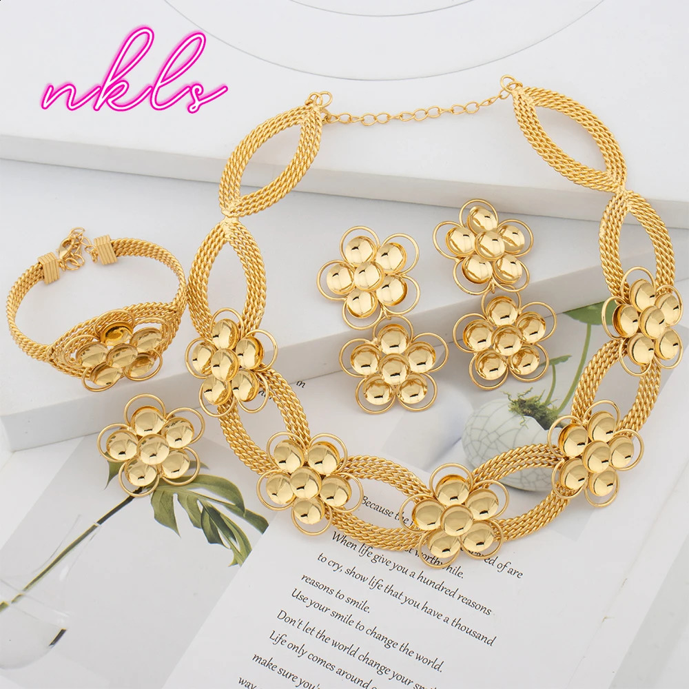 Brazilian Flower Necklace Jewelry Set Earrings Bangle Ring Set Dubai Gold Color Jewellery Set Wedding Accessories Gifts 241105