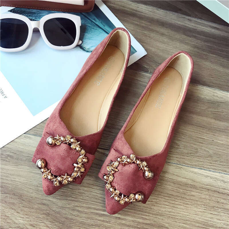 Korean Spring And Autumn Versatile Metal Buckle Pointed Shallow Mouth Suede Women's Comfortable Soft Bottom Fairy Style Flat Single Shoes For Wom