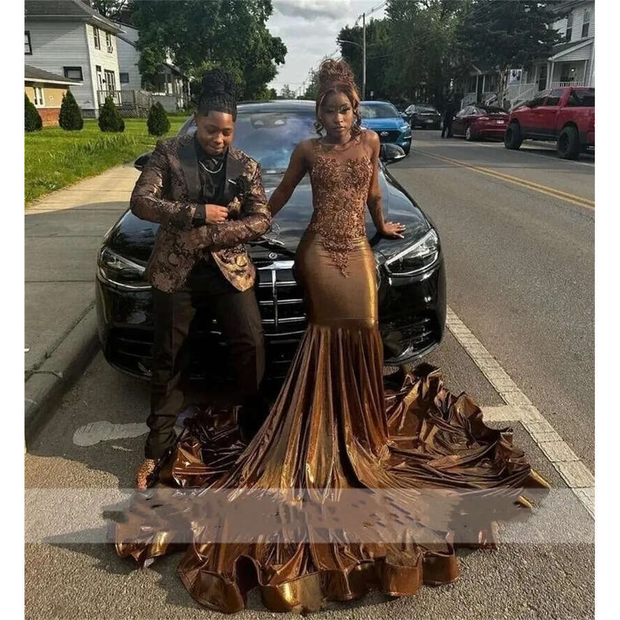 Elegant Brown Satin Mermaid Prom Dresses For Black Girl With Glitter Dia Crystal Evening Birthday Reception Gowns Robe De Bal