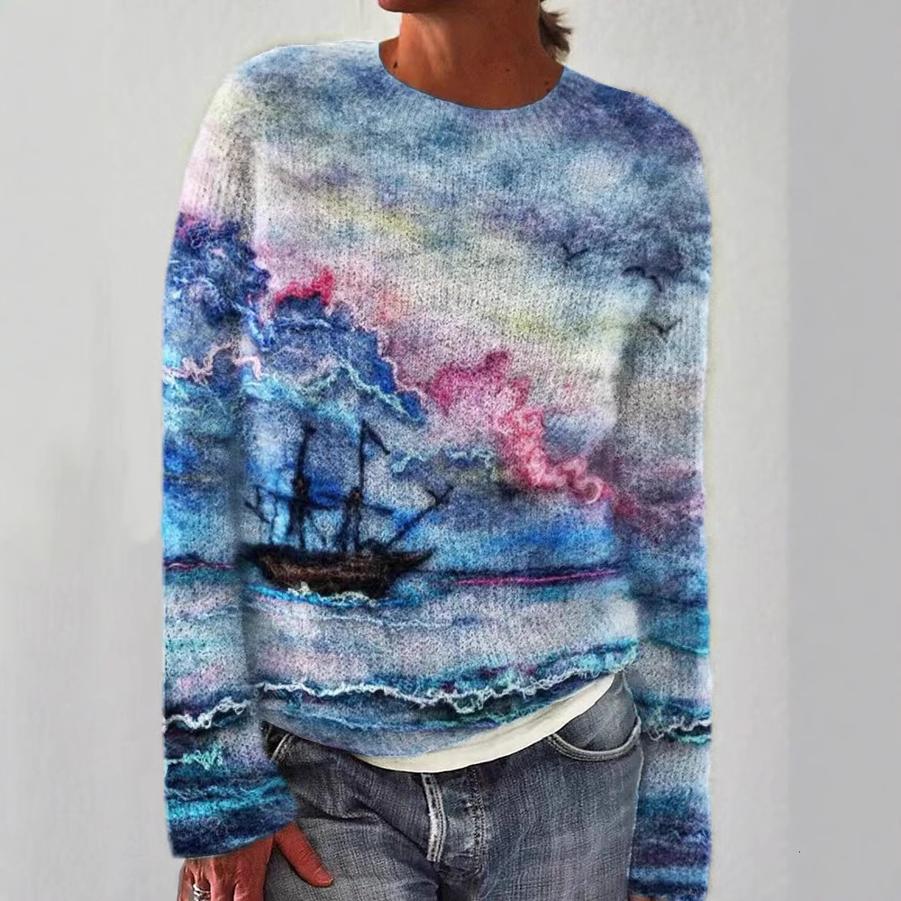 Autumn Fashion Casual Loose Thick 3D Printed Women's Pattern Pullover Sweater Casual Loose Long Sleeved Knitted Top