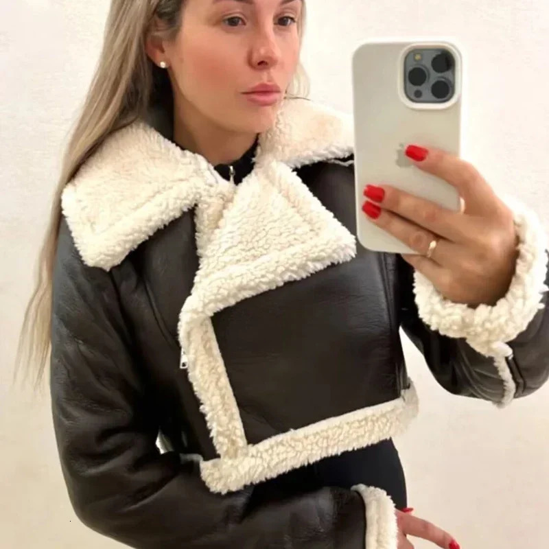 Womens Cropped Leather Jacket Coat Black Wool Blends Coats Bomber Tweed Autumn Winter and Fur Crop 241104 - view 3