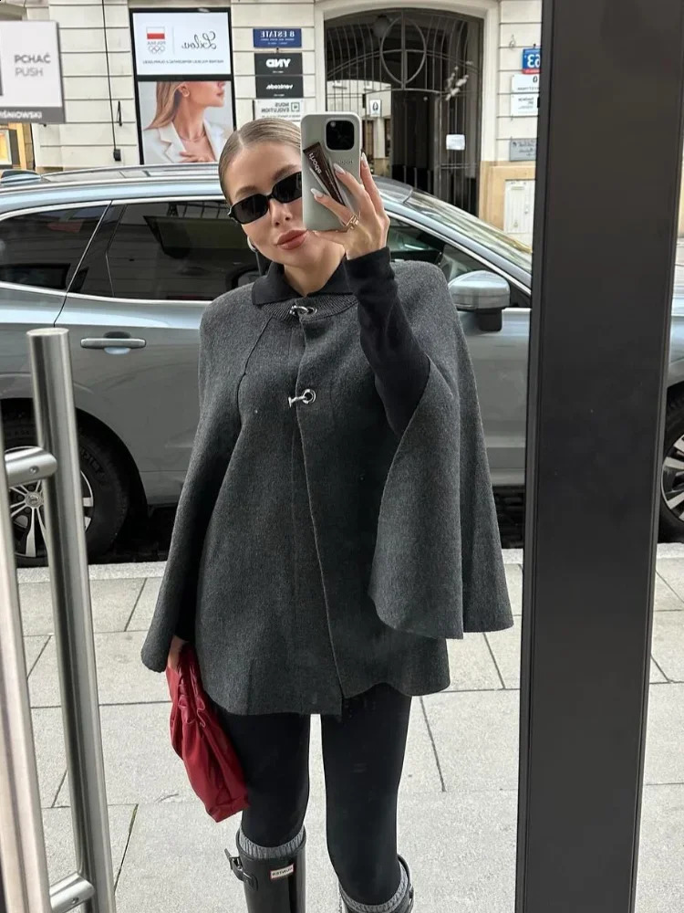 Elegant Solid Cloak Woolen Coat For Women Fashion Oneck Single Breasted Shawl Jackets Autumn Lady High Street Chic Outwear 241105