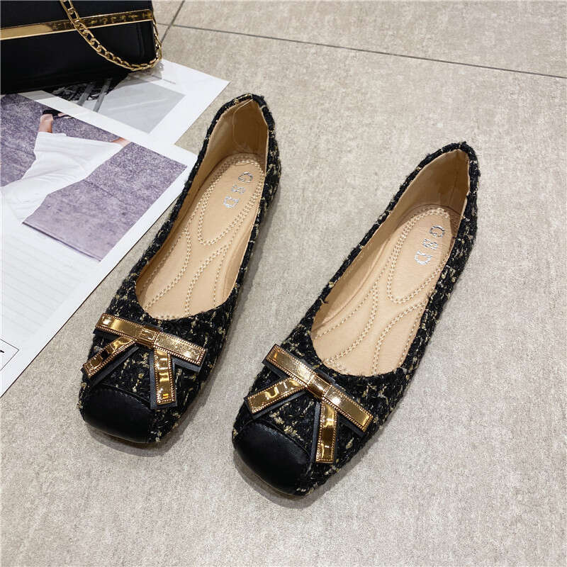 Single Shoe Metal Buckle Square Toe Ladies 2023 Spring New Style Shallow Mouth Temperament Daily Four Seasons Bottomed Flat Heel Women's Shoes