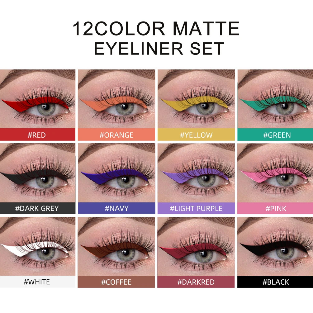 12 Colors Matte Liquid Eyeliner Set Rainbow Colorful Eyeliner Pencil Pigmented Waterproof Long Lasting Gel White Eye Liner Pen 241104