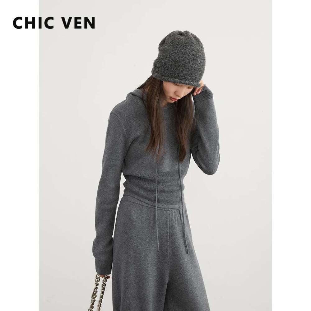 CHIC VEN Women Sweaters Loose New Casual Hooded Knitwear Jumpers High Waist Wide Leg Pants Pullovers Autumn Winter 2023