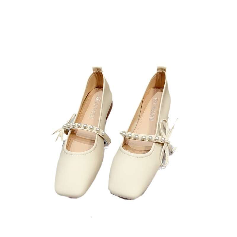 French Style Thick And Medium Bean Korean Version, New Fashionable Pearl Square Toe Shallow Mouth Single For Women, Low Heeled Grandma Shoes