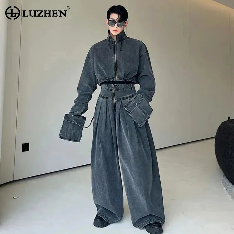 LUZHEN Trendy Mens High Quality Classy Twopiece Sets Original Baggy Jeans ner Stylish Sexless Short Denim Jacket LZ6200 241105
