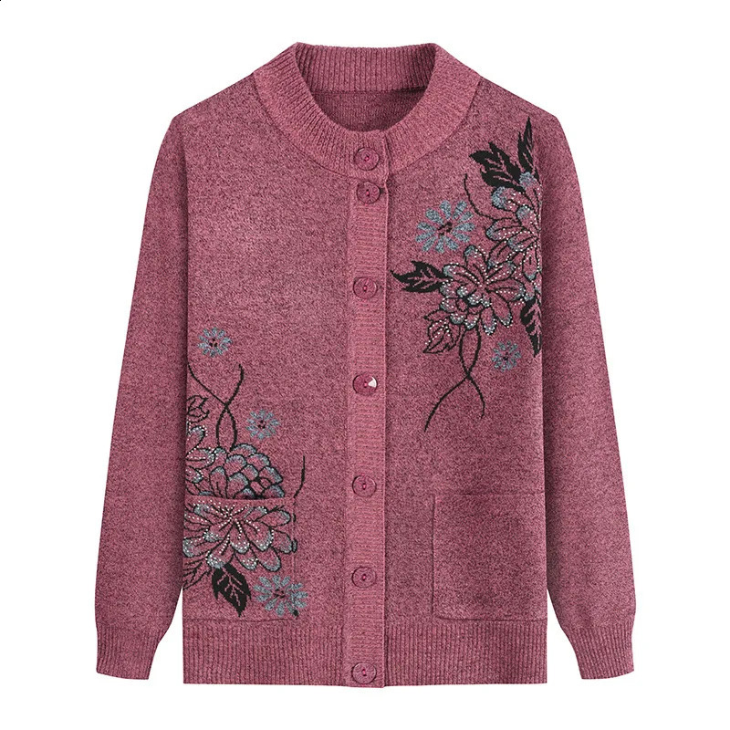 Print MiddleAged Elderly Mothers Autumn Winter LongSleeve Sweater Women Knitted Bottoming Shirt Grandma Cardigan Mujer 241105